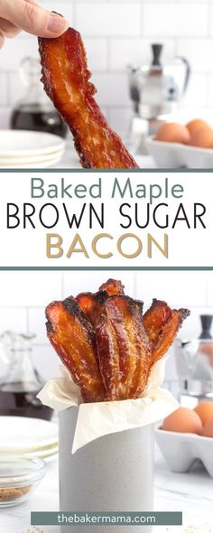 baked maple brown sugar bacon on a white counter top with text overlay that reads baked maple brown sugar bacon