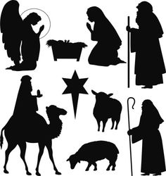 silhouettes of nativity and christmas symbols stock photo, an image of a set of black