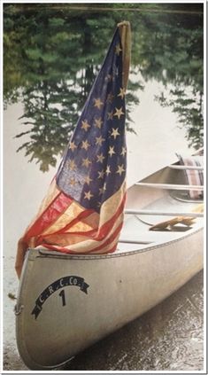 a boat with an american flag on the front is sitting in water next to trees