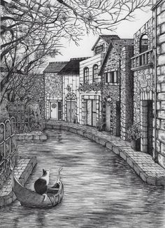 a black and white drawing of a cat in a gondola on the street