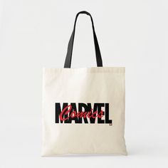 Marvel Comics Overlapped Cursive Logo Tote Bag Color: Natural and Black. Gender: unisex. Age Group: adult. Marvel Tote Bag, Catwoman Logo, The Batman Catwoman, Cursive Logo, Batman Catwoman, Logo Tote Bag, Marvel Logo, Retro Comic Book, Batman And Catwoman