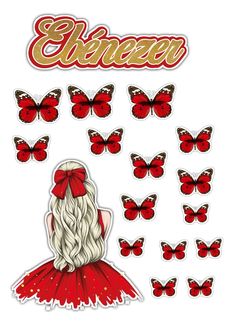 a girl with long white hair and red dress surrounded by butterflies in the shape of her head