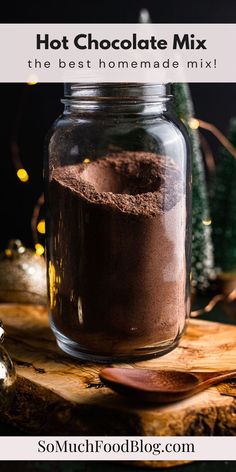 hot chocolate mix in a glass jar with spoon