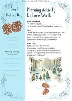 the morning activity for nature walk is shown in blue and white with pine cones on it