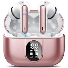 an image of two earphones in pink case with bluetooths on the side