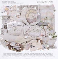 an image of a bed with lots of stuff on it's side and the words charming zen above it