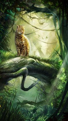 a painting of a leopard sitting on top of a tree branch in the middle of a forest