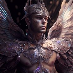 a man dressed as an angel with wings on his head and chest, in front of a dark background