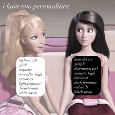 two barbie dolls sitting next to each other on top of a pink bed with the caption that says, i have two personalities