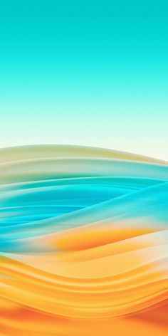 an abstract painting with blue, yellow and orange waves in the foreground on a white background