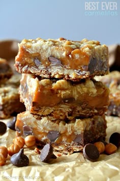 chocolate chip bars stacked on top of each other