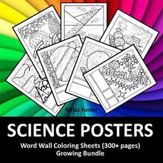 the science posters for kids to color and print are shown in different colors, including rainbows