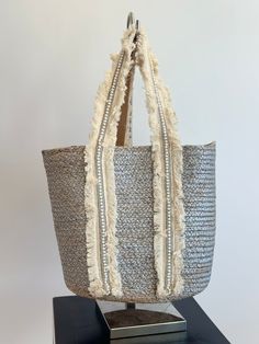 Beach Bag Perfection! The woven straw exterior, adorned with pearl and canvas detailing, and silver color adds a touch of femininity to this structured bag! Throw all of your essentials in this fabulous bag and your ready for a day at the beach / pool! Size info 16” L x 24” H 11" strap drop. Structured silhouette with flat base for stability Paper straw/polyester Beach Tote Bag With Pearl Handle, Silver Shoulder Bag For Summer Shopping, Silver Shoulder Bag For Summer, Summer Shopping Bags With Pearl Handle, Silver Rectangular Shoulder Bag For Summer, Silver Shoulder Bag For Everyday Summer Use, Silver Travel Bag For Summer, Chic Silver Bag For Summer, Chic Silver Bags For Summer