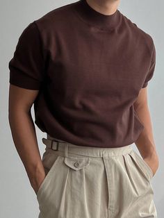 Coffee Brown Casual Collar Short Sleeve Knitwear Plain  Embellished High Stretch  Men Clothing Mens Short Sleeve Sweater, Fashion For Brown Skin Men, Men Fashion Italy, Classy Men’s Fashion, Earthy Mens Fashion, Guys Fashion Casual, Mens Casual Dress Outfits, Street Fashion Men Streetwear