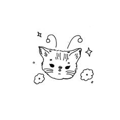 a black and white drawing of a cat with stars on it's head in the sky