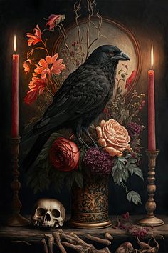 a black bird sitting on top of a vase filled with flowers next to two candles