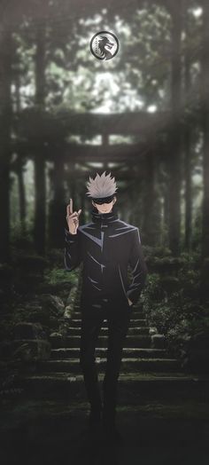 an anime character standing in the woods with his hand up