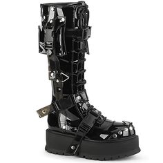 Breakdown Platform Boots 2" Platform Vegan Patent Leather Lace-Up Front Knee High Boot Cargo Side Pocket Quick Release Plastic Buckle Straps Studding & Triangle Ring Details Full Back Metal Zip Closure Black Goth Platform Boots, Demonia Boots, Knee High Platform Boots, Alternative Shoes, Demonia Shoes, Dr Shoes, Punk Boots, Triangle Ring, Mid Calf Boots