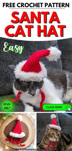 a cat is wearing a santa hat and sitting on a couch with the caption free crochet pattern