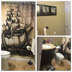 three pictures of a bathroom with a ship on the shower curtain, toilet and sink