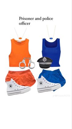 an orange shirt and blue shorts are next to a pair of converse shoes with the words prisoner and police officer on them