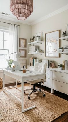 #homedecor, #interiordesign, #homedesign, #decor inspiration White Accent Wall Office, My First Office, Office And Get Ready Room, Small Chic Office Space, Small Office With Window Layout, Vintage Home Offices Cozy, Small Home Office With Storage, Printer Room Office Design, Simple Small Home Office