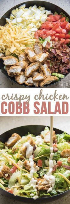 this cobb salad is loaded with chicken, lettuce, tomatoes, and cheese