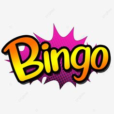 the word bingo written in yellow and pink on a white background with an orange boom effect