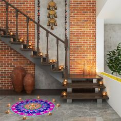 the stairs are decorated with candles and decorative rugs in front of an entryway