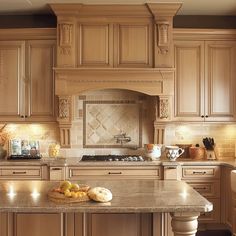 a large kitchen with wooden cabinets and marble counter tops, along with an island in the middle