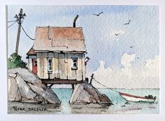 a watercolor painting of a house on rocks with a boat in the ocean behind it