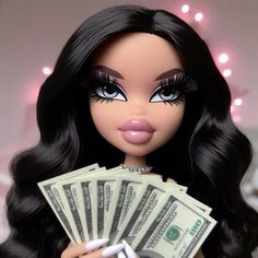 a doll holding money in her hands with pink lights on the wall behind her and she has long black hair