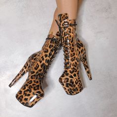 Hey Pussycat - This is the Leopard print boot you've been hunting for. Great for polework or just walking around looking bomb. Shoe protectors recommended when using for floorwork to avoid the scuffing. Heel Boots Outfit, Gothic Sandals, High Heel Boots Outfit, Pole Dance Shoes, Sheer Leggings, High Platform Shoes, Shoe Pics, Gladiator High Heels, Leopard Print Boots