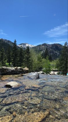 a stream running through a forest filled with rocks and trees on the side of a mountain