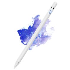 a blue and white ballpoint pen on a white background with watercolor splashes