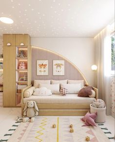 a child's bedroom is decorated in pastel tones and soft furnishings, including toys