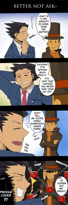 PL vs PW- Better not ask...Holy crap.. Professor Layton Funny, Professor Layton Pfp, Hat Hair, Love My Man