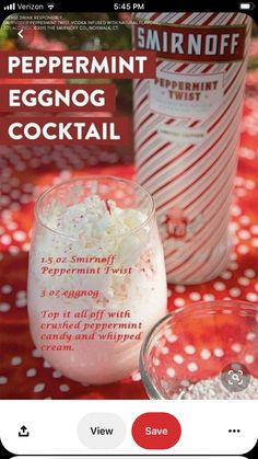 an advertisement for peppermint eggnog cocktail on a table with other drinks