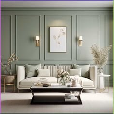 a living room with green walls and white furniture in the center, along with flowers on the coffee table