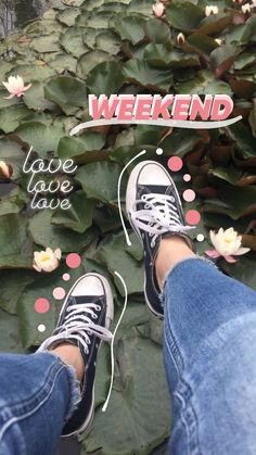 someone is standing in front of a pond with water lilies and the words weekend written on it