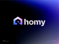 the word homy is written in white on a blue and purple background with an image of