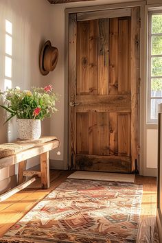 a wooden door in a room with a rug on the floor and a bench next to it