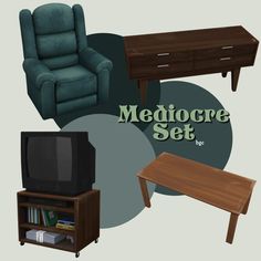 a set of furniture including a chair, coffee table and end tables with the words medicore set on it