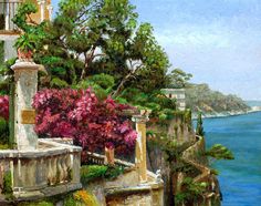 an oil painting of a balcony overlooking the ocean with flowers and trees on either side