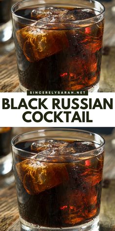 two glasses filled with black russian cocktail on top of a wooden table