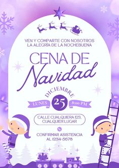 a flyer for a christmas party with santa and snowmen on the roof, in purple tones