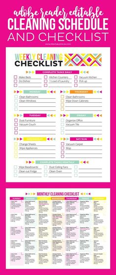 the cleaning schedule and checklist is shown on a pink background with white text that reads,