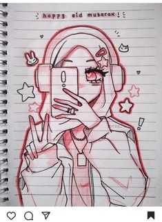 a drawing of a person with headphones on holding a cell phone in front of their face