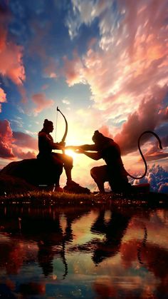 two people are standing in front of a body of water with their backs to each other as the sun sets behind them