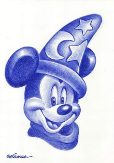 a drawing of mickey mouse wearing a wizard's hat and holding a star on his head